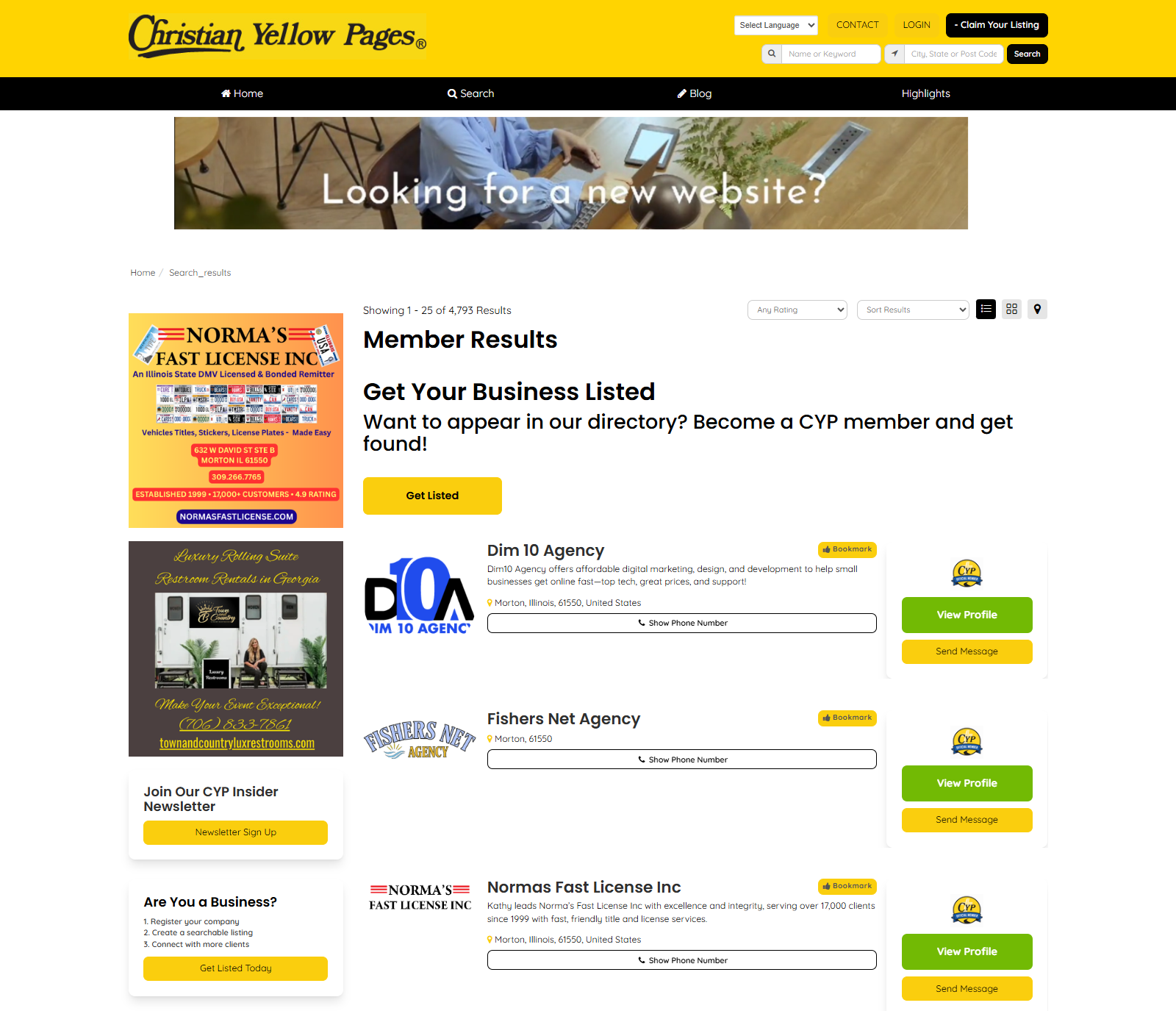 Christian Yellow Pages Brilliant Directories Website Search Results Page