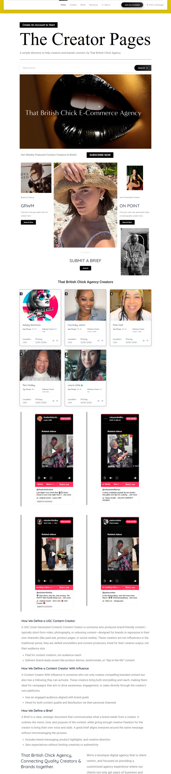 The Creator Pages WordPress Directory Website Home page